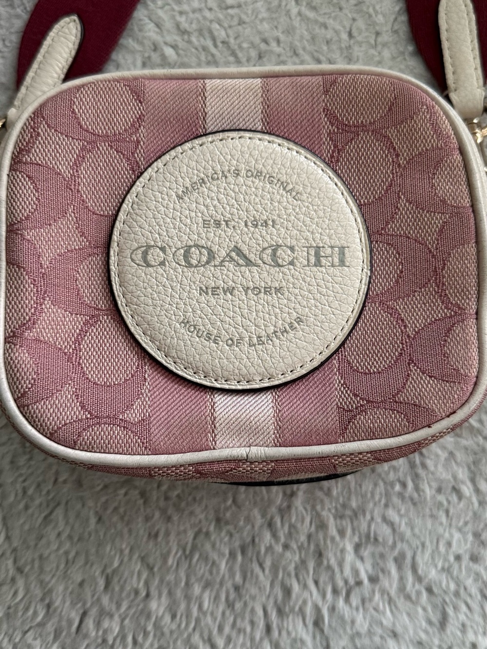 Coach Pink Signature Canvas Crossbody with Burgundy Strap - Picture 2 of 10